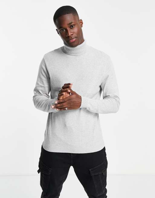 ASOS DESIGN knitted cotton roll neck jumper in light grey marl