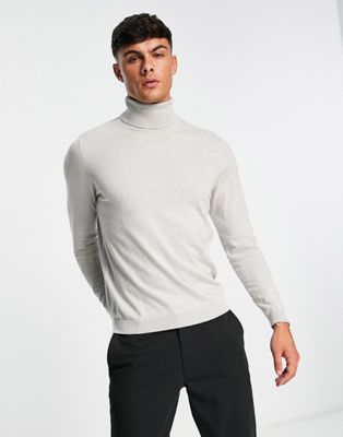 ASOS DESIGN knitted cotton roll neck jumper in light grey
