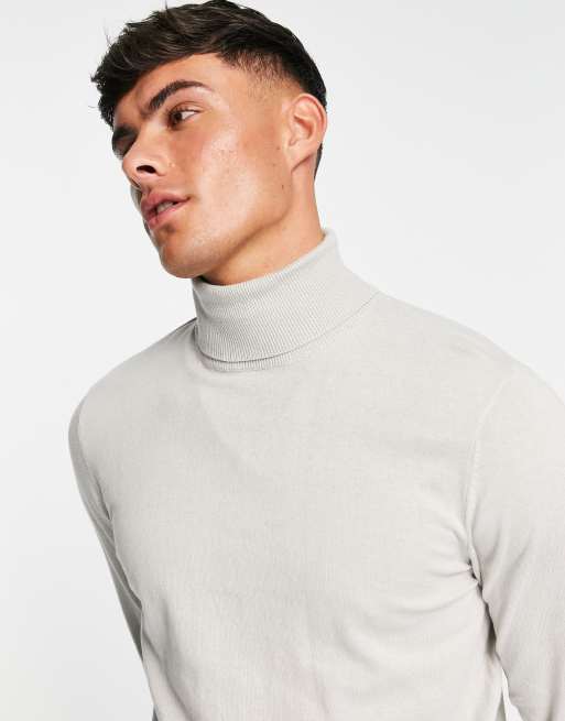 ASOS DESIGN knitted cotton roll neck jumper in light grey