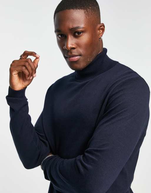 ASOS DESIGN knitted cotton roll neck jumper in navy, 3 of 4