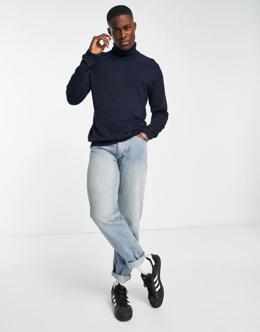 ASOS DESIGN knitted cotton roll neck jumper in navy, 4 of 4