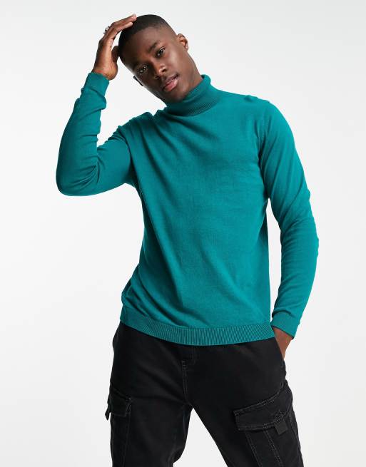 ASOS DESIGN knitted cotton roll neck jumper in teal ASOS