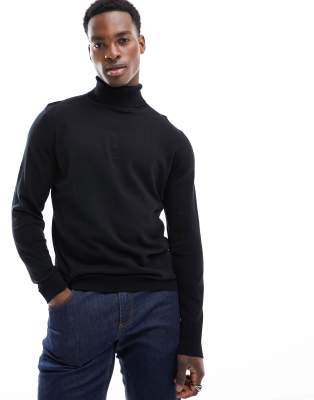 Asos Design Lightweight Oversized Rib Roll Neck Sweater In Black In Black