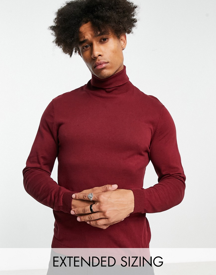 Asos Design Knitted Cotton Roll Neck Sweater In Burgundy-red