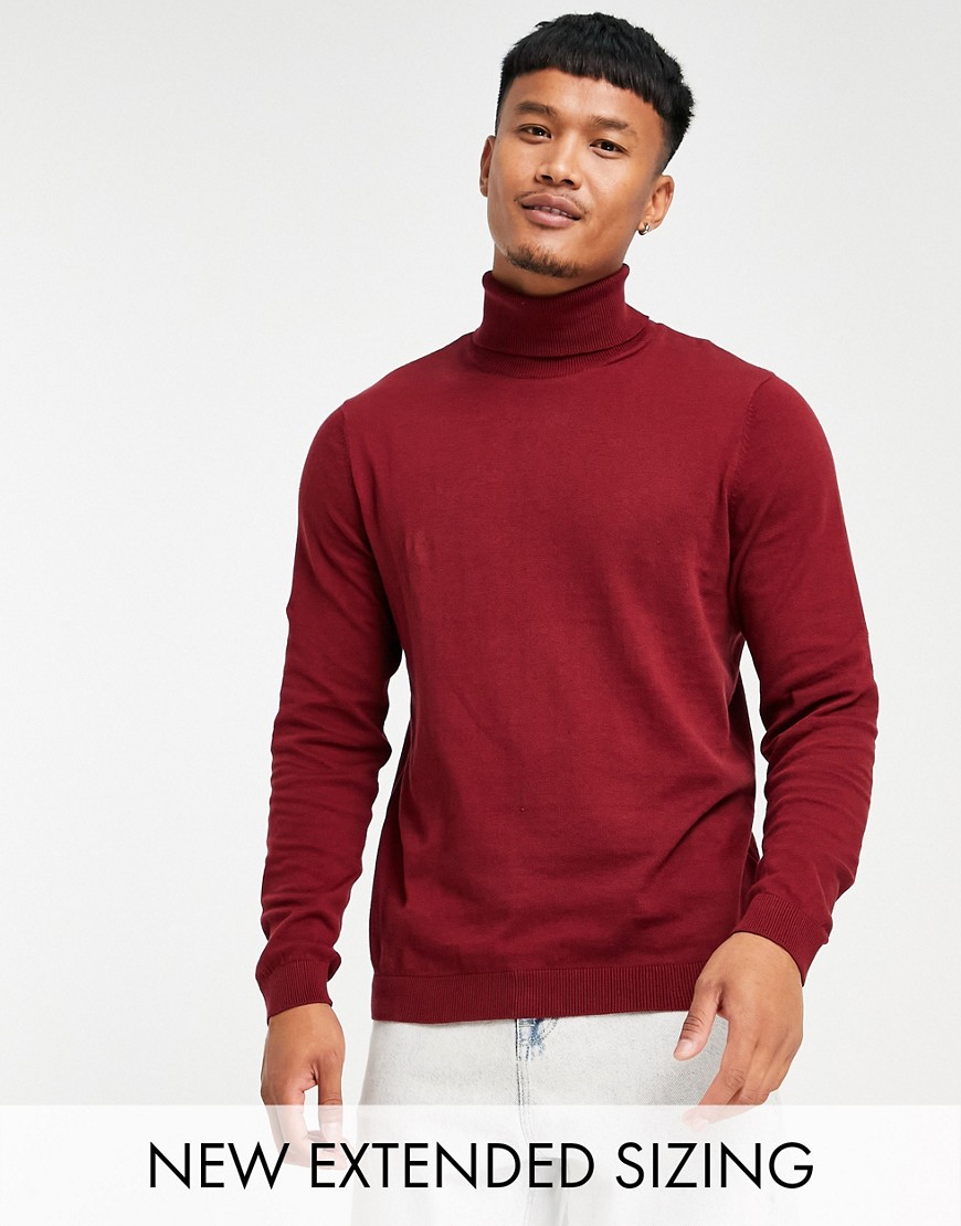 ASOS DESIGN KNITTED COTTON ROLL NECK SWEATER IN BURGUNDY-RED,CTN ROLL