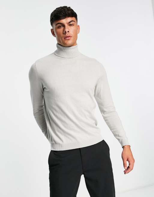 ASOS DESIGN knitted cotton roll neck sweater in light gray | ASOS