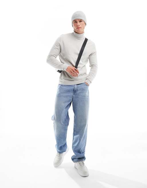 ASOS DESIGN knitted cotton roll neck sweater in light gray