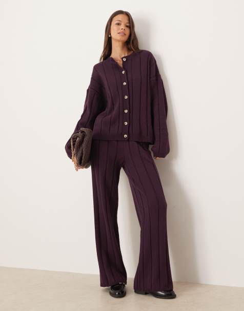 ASOS DESIGN knitted cotton trouser co-ord in plum - view 1