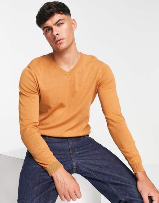 ASOS DESIGN knitted cotton v neck jumper in light brown