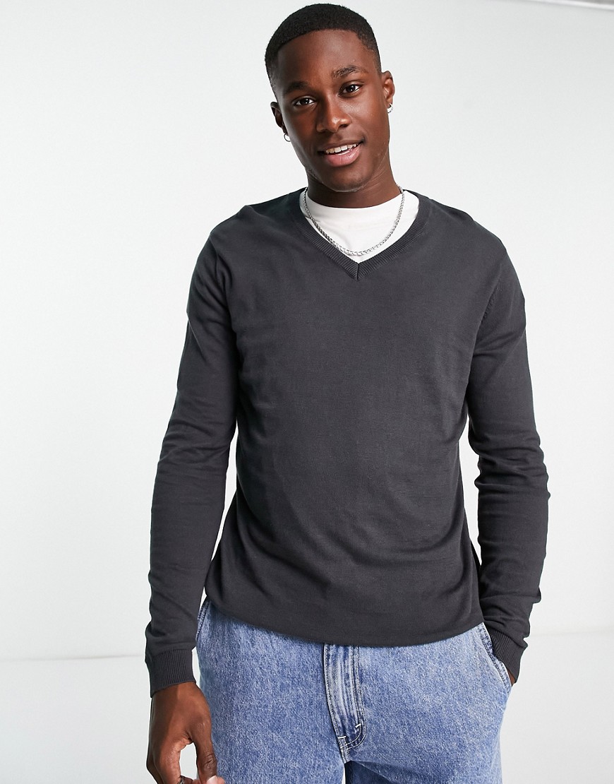 ASOS DESIGN knitted cotton v-neck sweater in charcoal-Gray