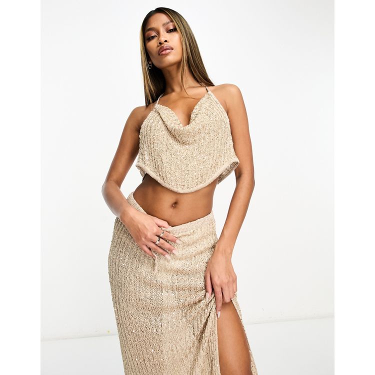 ASOS DESIGN knitted cowl neck crop top in gold sequin yarn co-ord