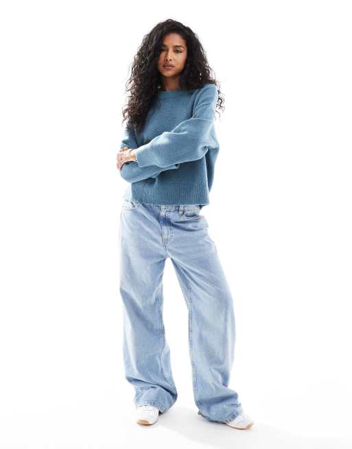 ASOS DESIGN knitted crew neck boxy jumper in blue, 2 of 4