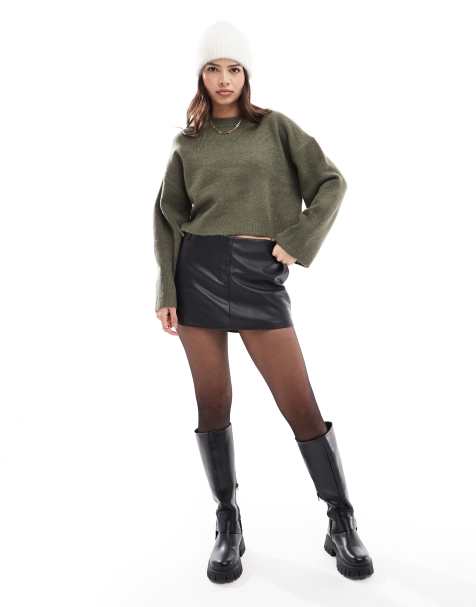 ASOS DESIGN knitted crew neck boxy jumper with wide cuff & a line maxi skirt co-ord in khaki - view 1