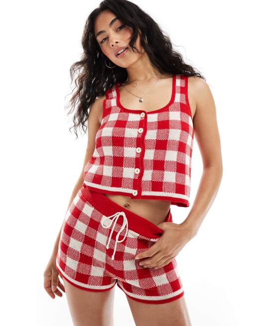 ASOS DESIGN knitted crew neck button through waistcoat in gingham (part of a set)