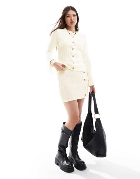 ASOS DESIGN knitted crew neck cardigan & button through mini skirt co-ord in cream - view 1