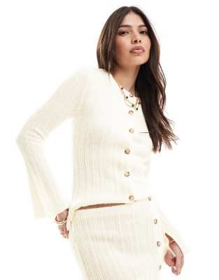 ASOS DESIGN knitted crew neck cardigan co-ord in cream-White