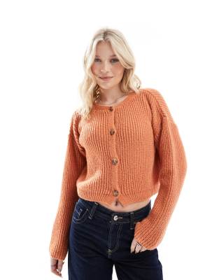 Asos Design Knitted Crew Neck Cardigan In Apricot-orange