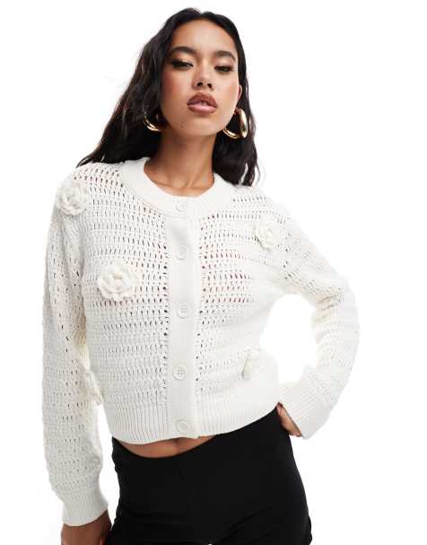 ASOS DESIGN knitted crew neck cardigan in open stitch with crochet flower detail in cream - view 1