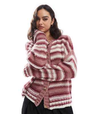 knitted crew neck cardigan in pink stripe