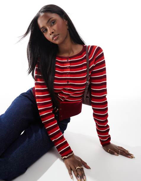ASOS DESIGN knitted crew neck cardigan in red stripe - view 1