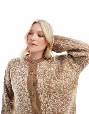 knitted crew neck cardigan in taupe animal print-Brown