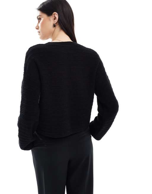 ASOS DESIGN knitted crew neck cardigan in textured stitch with gold buttons in black, 2 of 4
