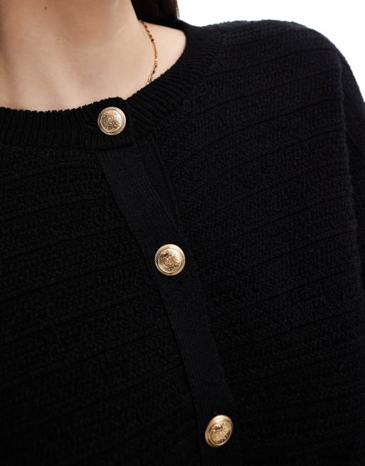 ASOS DESIGN knitted crew neck cardigan in textured stitch with gold buttons in black, 3 of 4