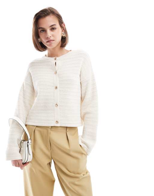 ASOS DESIGN knitted crew neck cardigan in textured stitch with gold buttons in cream ASOS