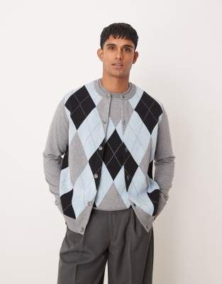 knitted crew neck cardigan with argyle pattern in blue - part of a set