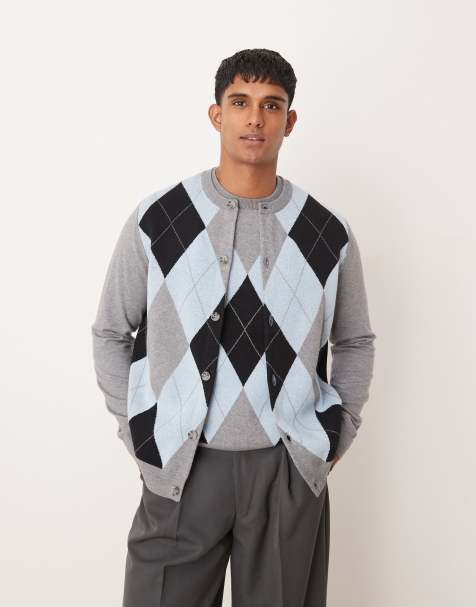 ASOS DESIGN knitted crew neck cardigan with argyle pattern in blue (part of a set) - view 1