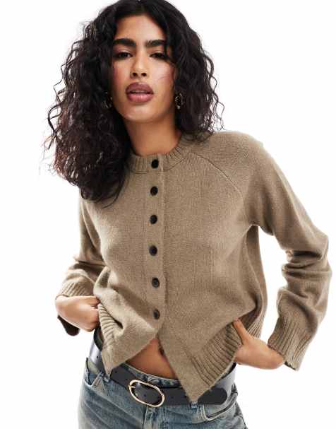 ASOS DESIGN knitted crew neck cardigan with contrast buttons and split hem in mocha - view 1