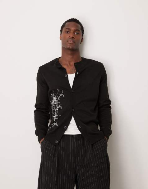ASOS DESIGN knitted crew neck cardigan with embroidered daisy pattern in black - view 1