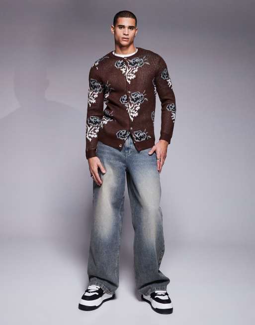 ASOS DESIGN knitted crew neck cardigan with floral pattern in brown, 2 of 4