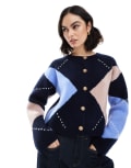 [ASOS DESIGN] ASOS DESIGN knitted crew neck cardigan with gold button in navy argyle pattern-Multi XS Multi