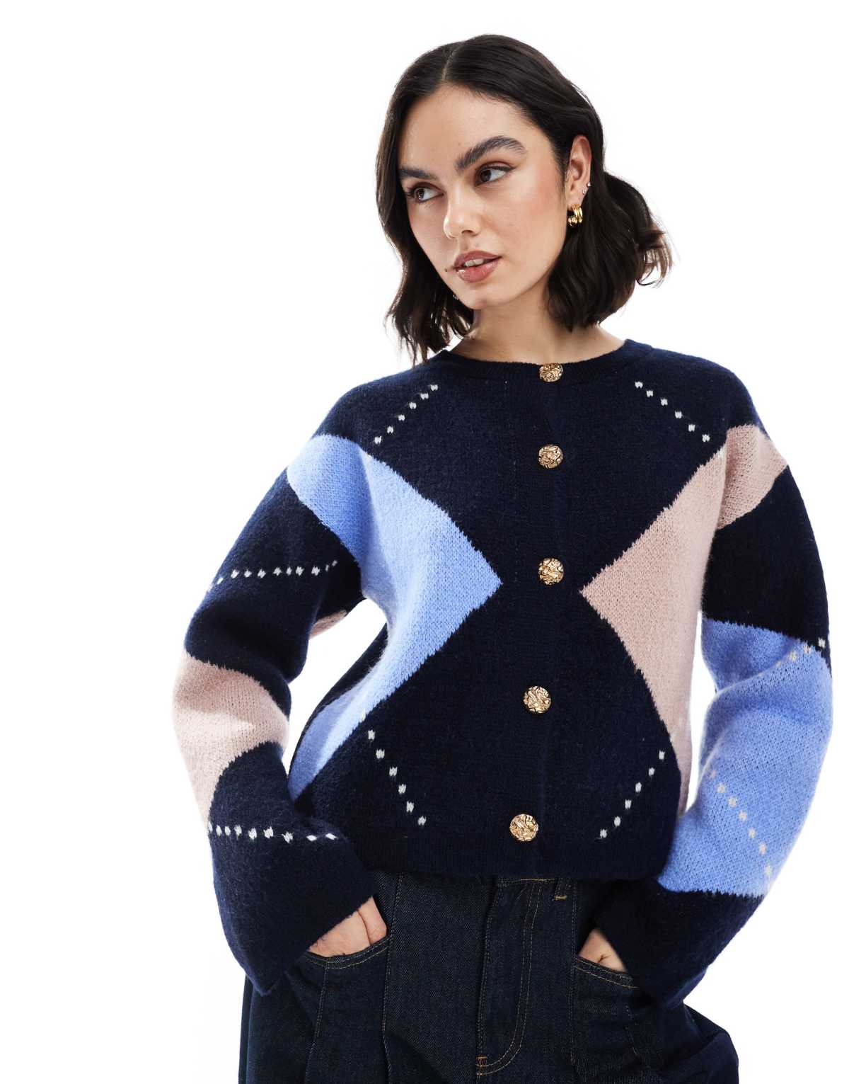 ASOS DESIGN knitted crew neck cardigan with gold button in navy argyle pattern