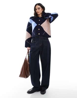 ASOS DESIGN KNITTED CREW NECK CARDIGAN WITH GOLD BUTTON 