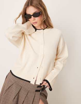 knitted crew neck cardigan with tipping detail in cream-White