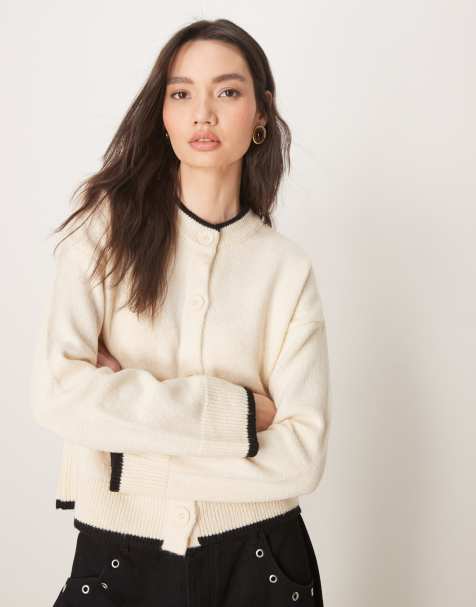 ASOS DESIGN knitted crew neck cardigan with tipping detail in cream - view 1