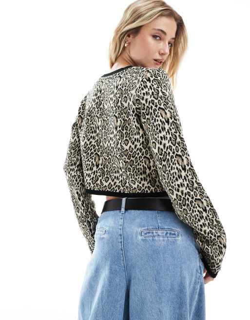 ASOS DESIGN knitted crew neck cropped cardigan in leopard ASOS