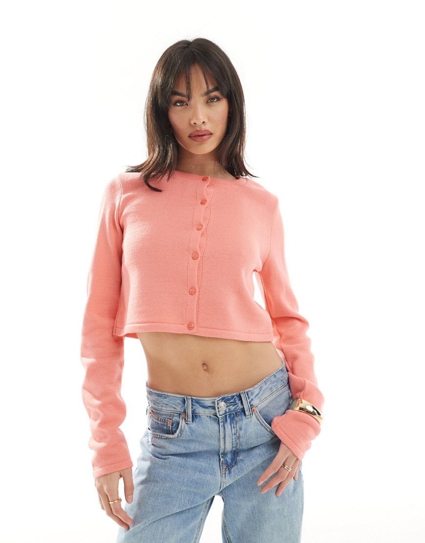 knitted crew neck cropped cardigan in peach-Orange