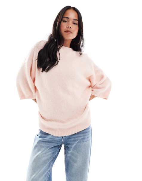 ASOS DESIGN knitted crew neck fluffy t shirt jumper in light pink - view 1