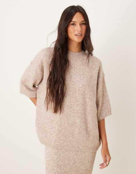 ASOS DESIGN knitted crew neck fluffy t shirt jumper in mushroom - view 1