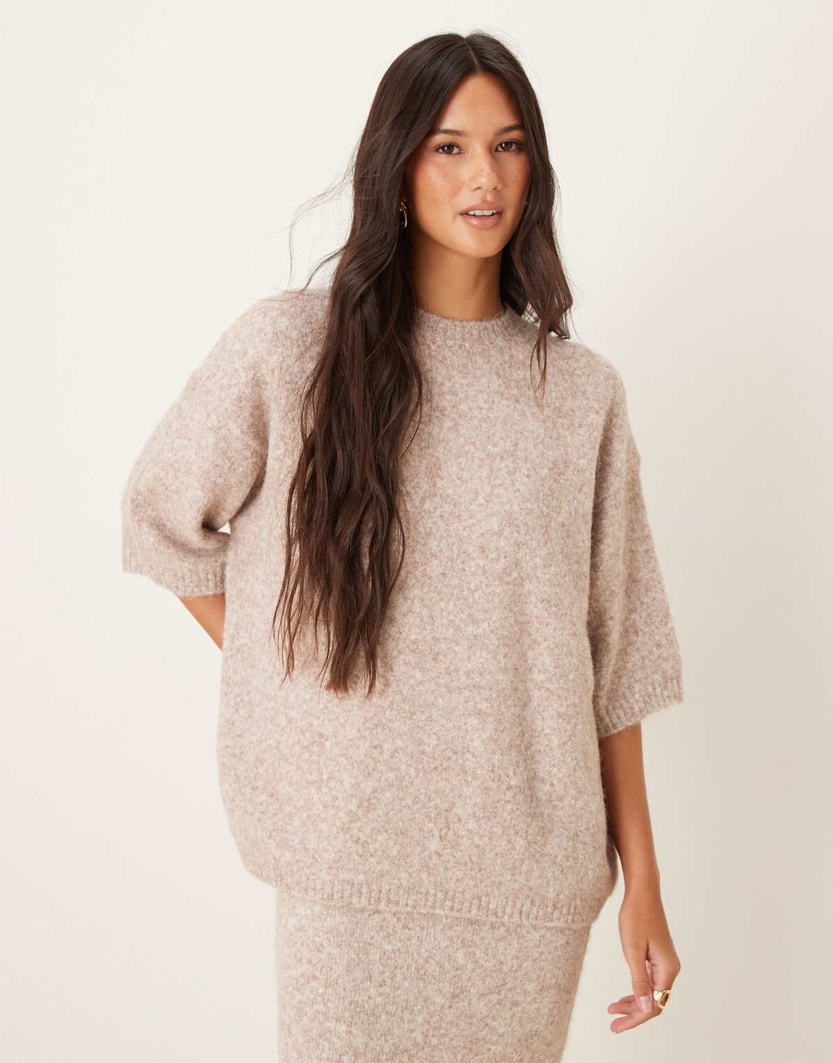 ASOS DESIGN knitted crew neck fluffy t shirt jumper in mushroom