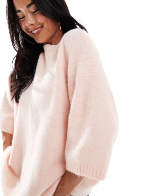 ASOS DESIGN knitted crew neck fluffy t shirt sweater in light pink