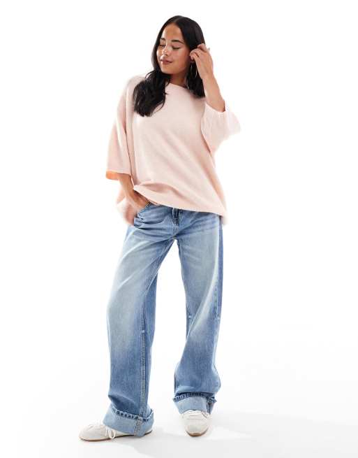 ASOS DESIGN knitted crew neck fluffy t shirt sweater in light pink