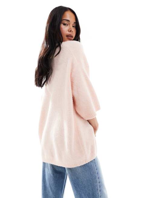 ASOS DESIGN knitted crew neck fluffy t shirt sweater in light pink