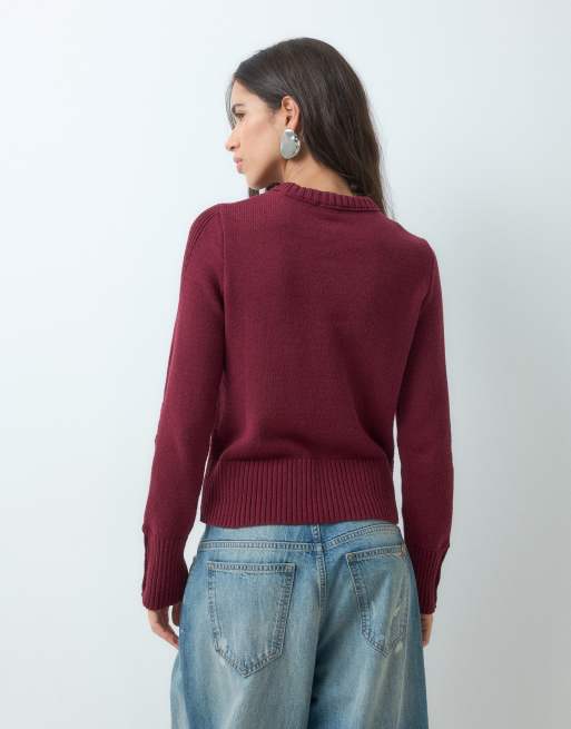 ASOS DESIGN knitted crew neck jumper in burgundy, 3 of 5