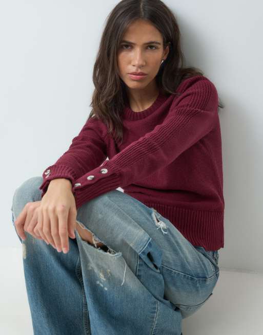 ASOS DESIGN knitted crew neck jumper in burgundy, 4 of 5