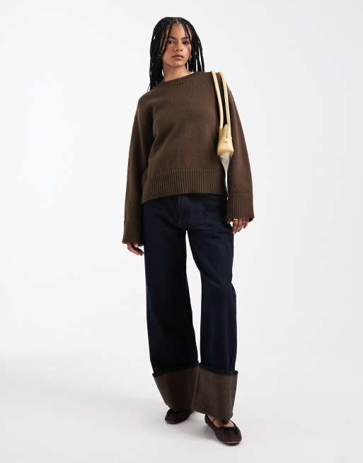 ASOS DESIGN knitted crew neck jumper in chocolate, 2 of 4