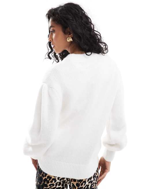 ASOS DESIGN knitted crew neck jumper with puff sleeve detail in cream